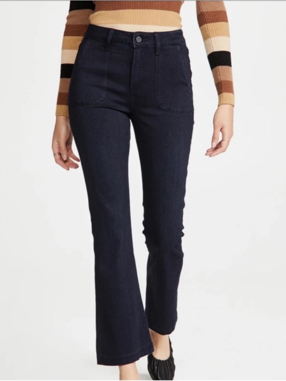 PAIGE Claudine Patch Pockets Raw Hem Dark Blue Flare Jeans size 25
